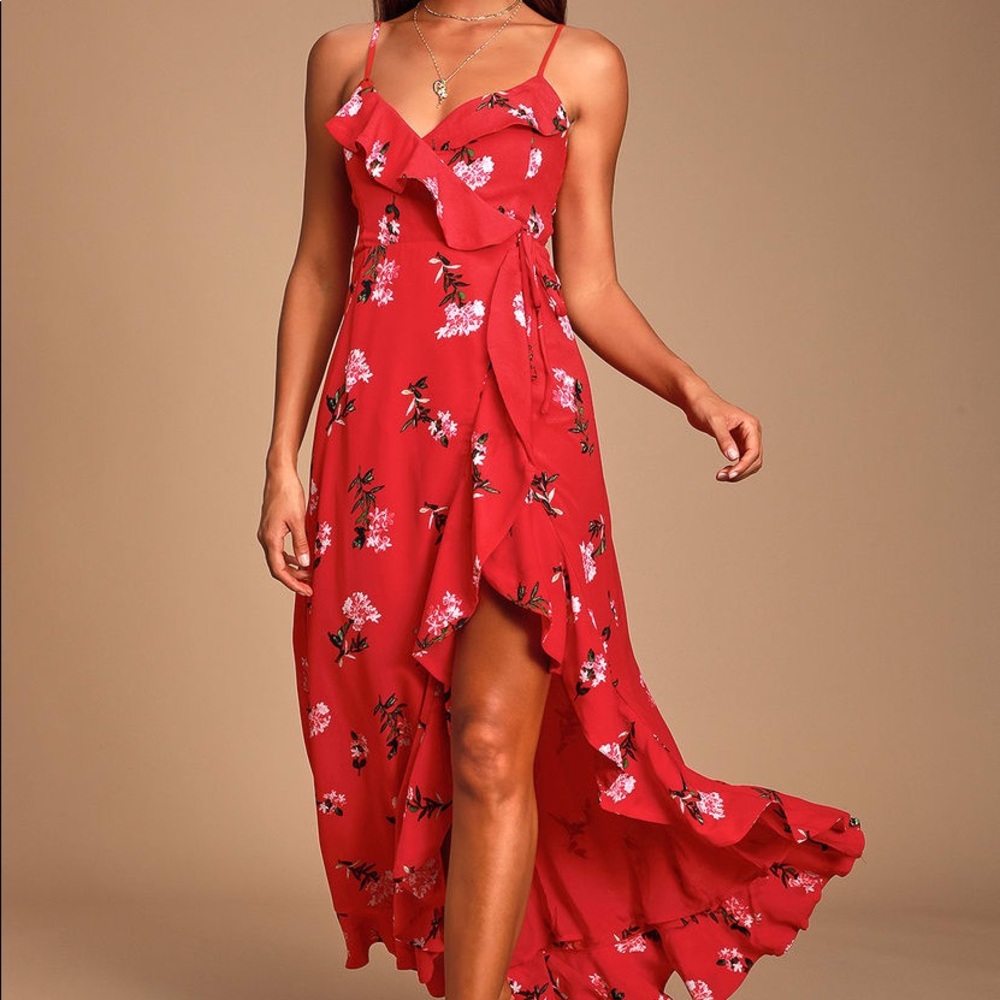 Rosana Red Floral Print Ruffled Wrap Maxi Dress